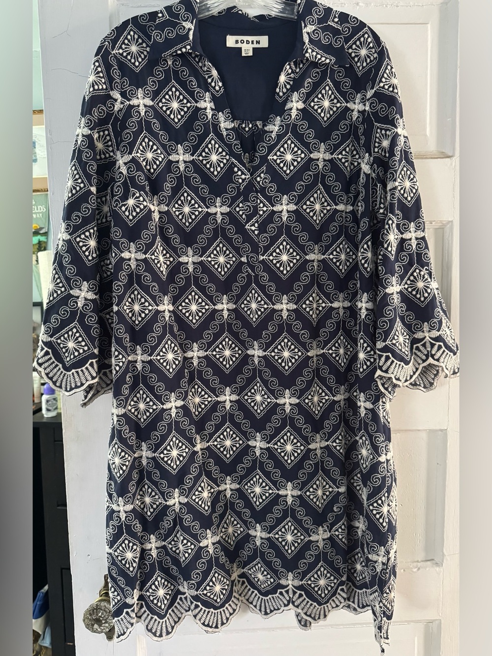 Boden Women's Carmerie Navy Embroidered Tunic Dress - Navy & White